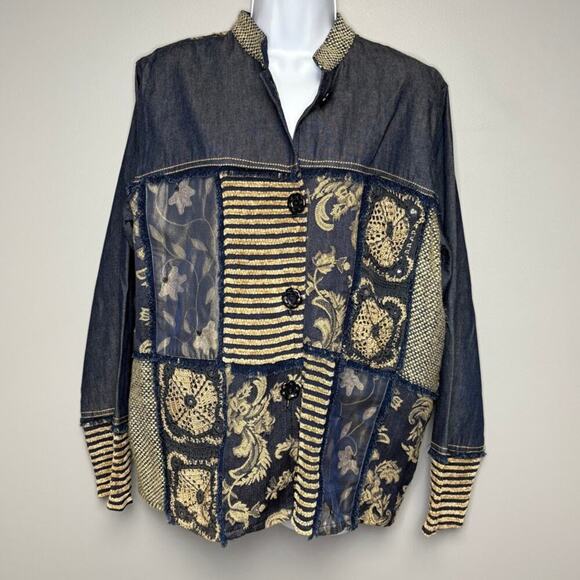 VTG Flashback Silk Blend Embroidered Crochet Jacquard Denim Jacket Womens Sz M - Picture 1 of 8